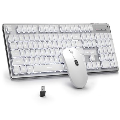 BlueFinger Wireless Keyboard and Mouse with Power Display, Blacklit Rechargeable Full Sized Silent Light Up Gaming Keyboard Mouse Combo for Computer, Mac, Laptop, PC (White)
