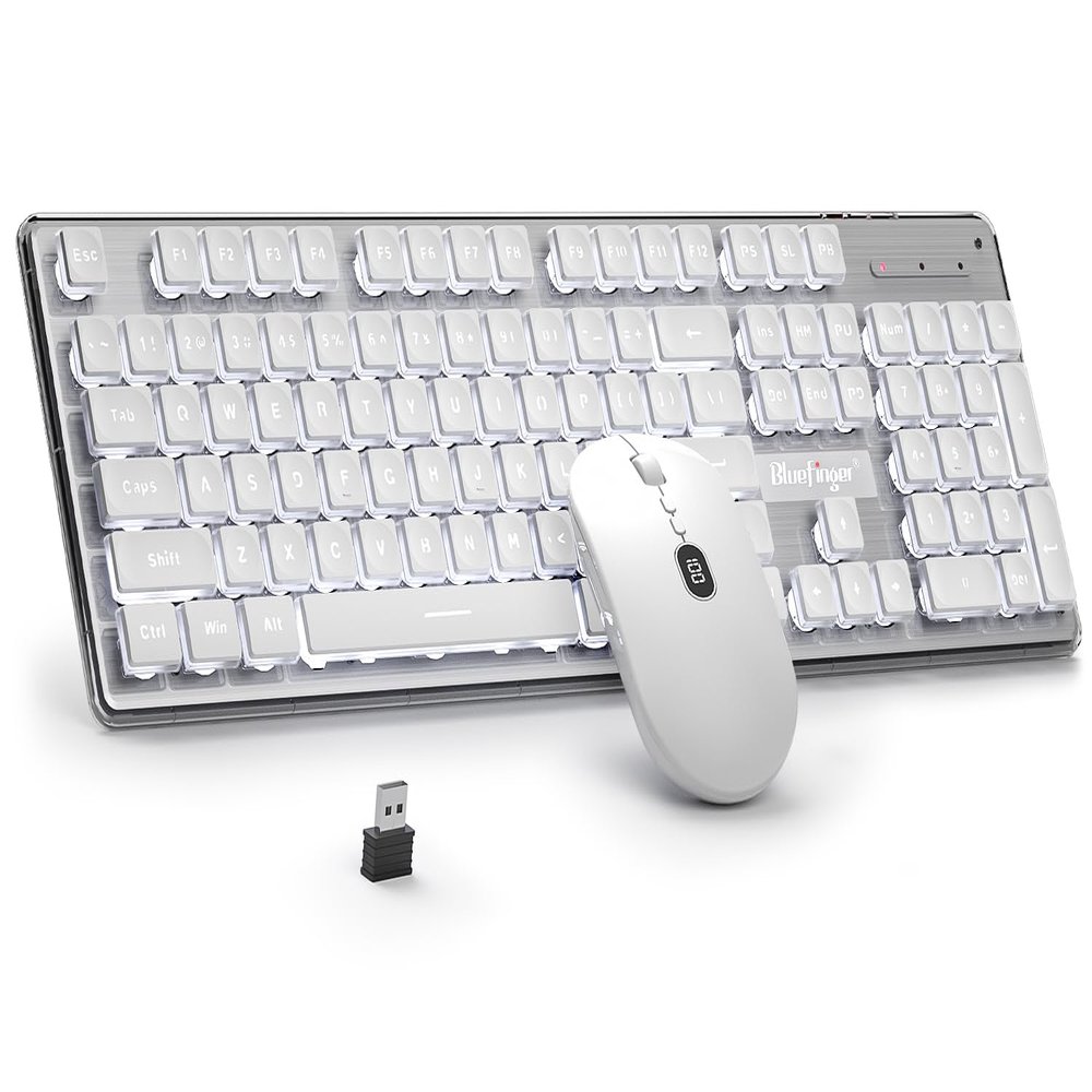 BlueFinger Wireless Keyboard and Mouse with Power Display, Blacklit Rechargeable Full Sized Silent Light Up Gaming Keyboard Mouse Combo for Computer, Mac, Laptop, PC (White)