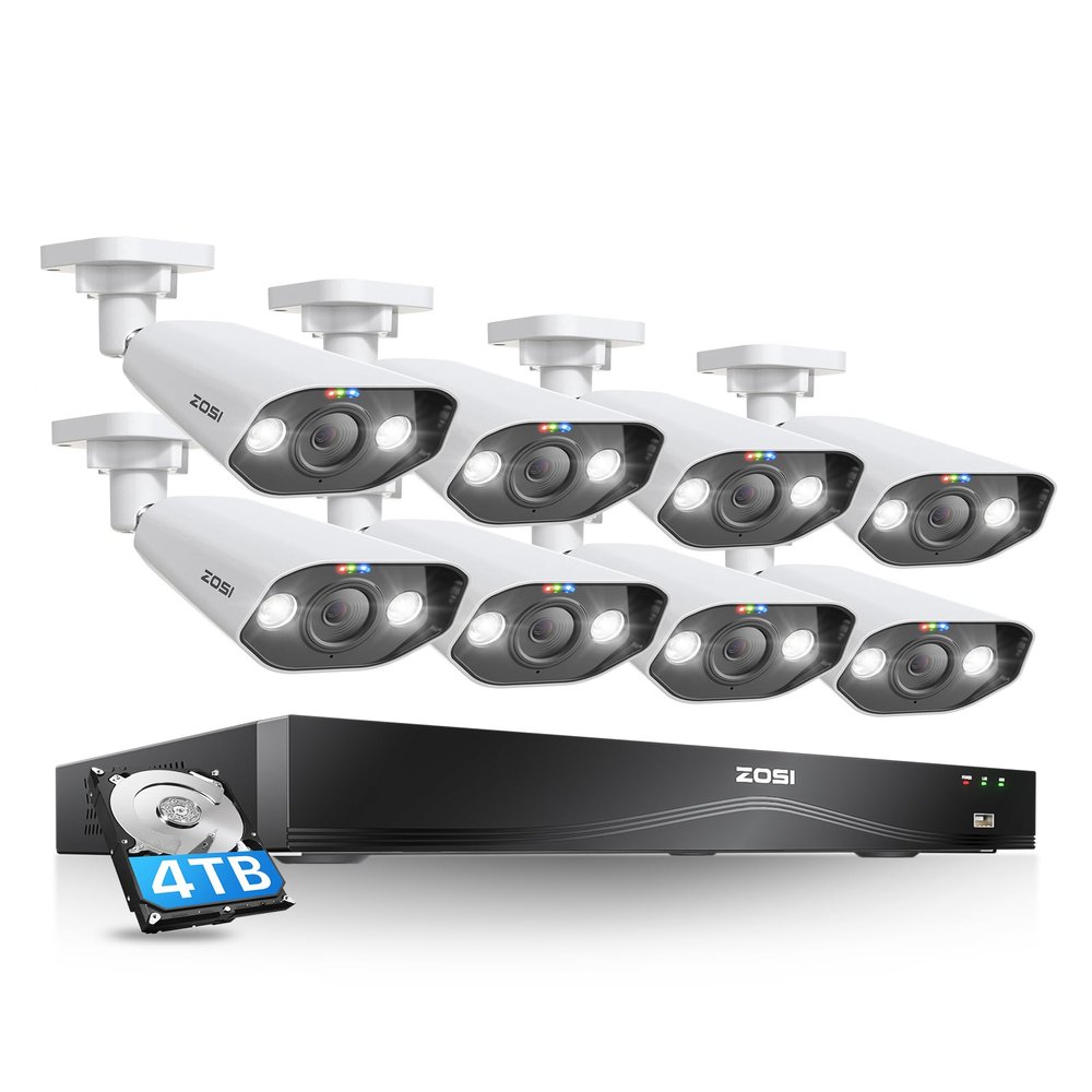 ZOSI 24CH 4K Spotlight PoE Security Camera System with Person Vehicle Detection,8pcs 4K Outdoor PoE Cameras,2 Way Talk,H.265+ 16CH 8MP NVR with 4TB HDD for 24/7 Recording