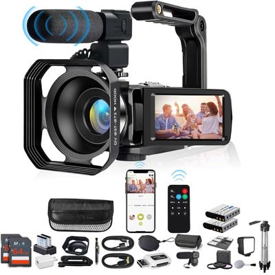 Acuvar 4K Video Camera Camcorder 48MP Auto Focus 60FPS WiFi Vlogging Camera for YouTube 18X Zoom Digital Camcorder with Mic, Stabilizer, Tripod Dual Charger, Card Reader 2X Batteries 2X 64GB SD Card