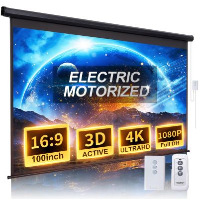 Motorized Projector Screen Pull Down 100 Inch 16:9 HD Automatic Projector Screen with Remote, Electric Retractable Black Projection Screen Portable, Roll Up Movie Screens for Projectors Outdoor Indoor