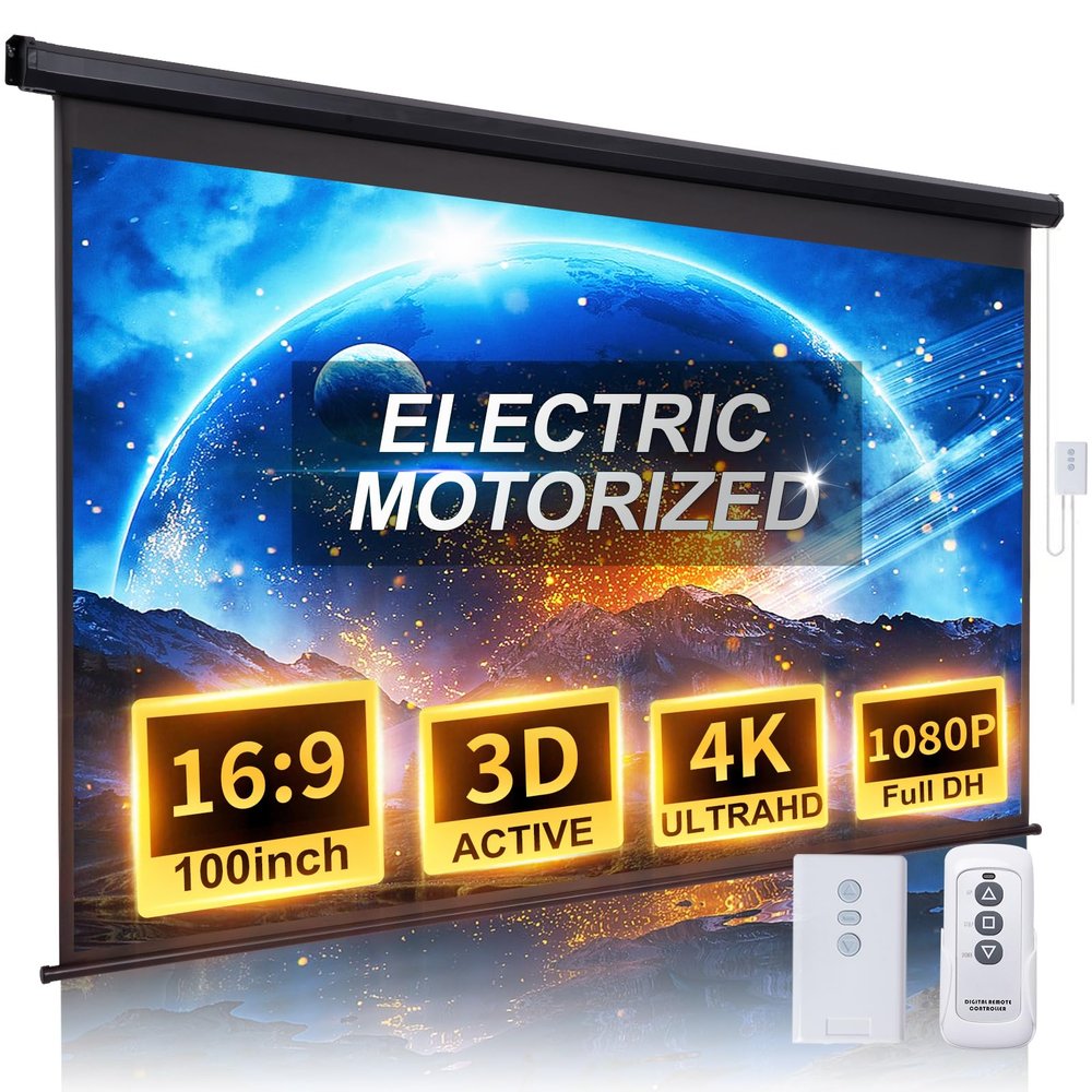 Motorized Projector Screen Pull Down 100 Inch 16:9 HD Automatic Projector Screen with Remote, Electric Retractable Black Projection Screen Portable, Roll Up Movie Screens for Projectors Outdoor Indoor
