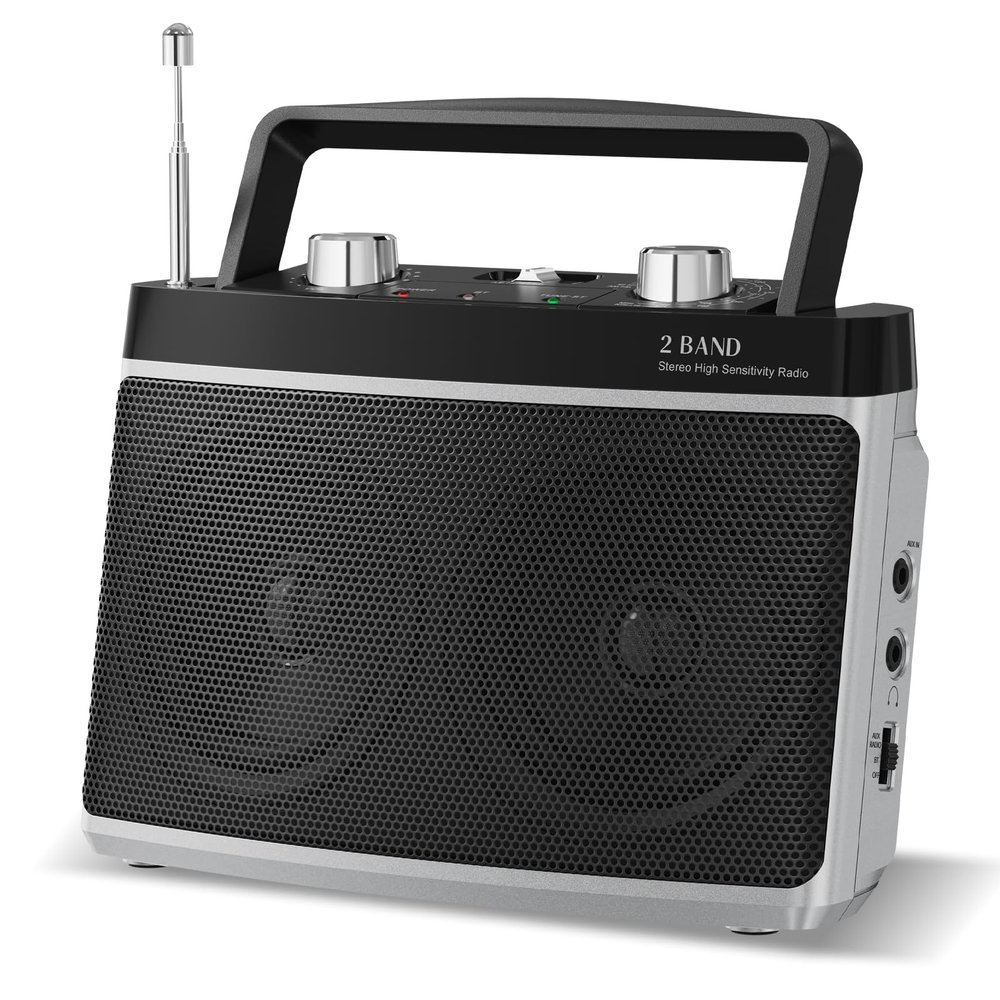 Audiocrazy Portable AM FM Bluetooth Radio with 5W True Stereo Sound, Portable Radio with Dual Speaker | AUX Input | Headphone Jack | AC & Battery Powered  Perfect for Home, Kitchen, Outdoors (Silver)