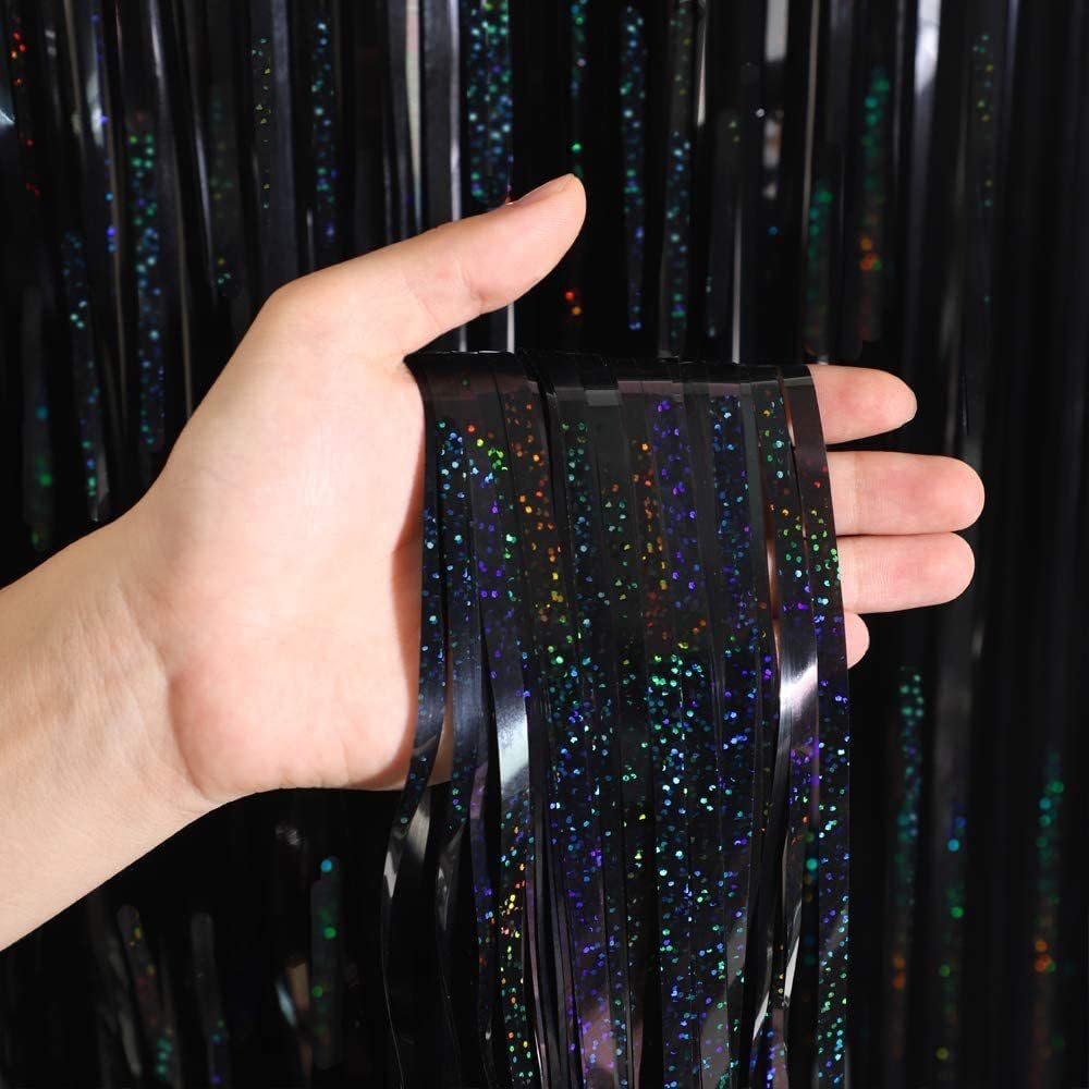 4 Pack Black Foil Fringe Curtains, Slmeno Glitter Black Tinsel Backdrop 3.3x8.2ft, Metallic Fringe Backdrop Party Streamers for Birthday Halloween Christmas New Years Graduation Party Decorations
