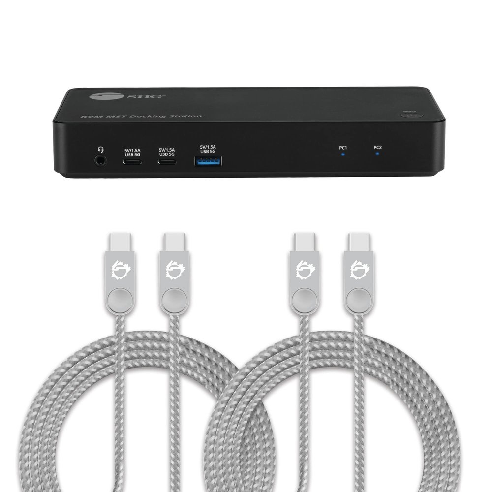 SIIG USB-C 2 Port KVM Switch Docking Station PD 65W and Charging Cable (USB-C to USB-C, 2X 3.3ft)
