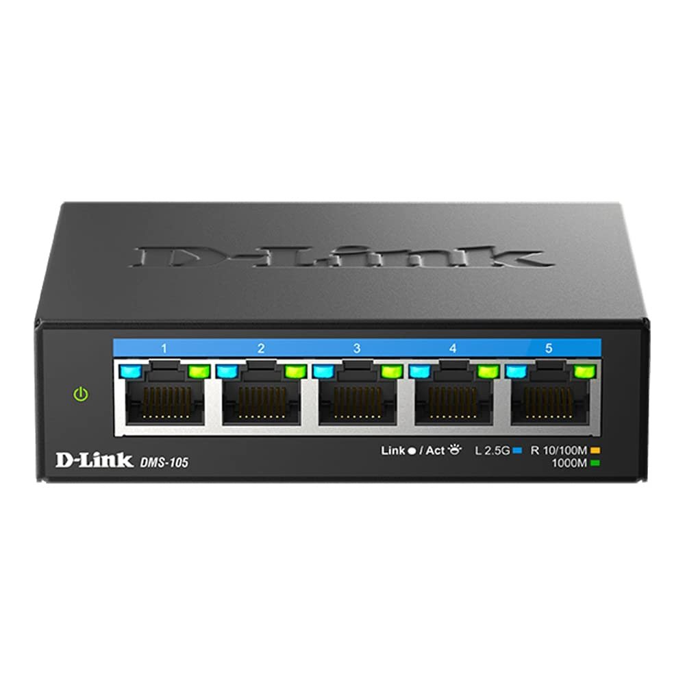 D-Link 5-Port 2.5GB Unmanaged Gaming Switch with 5 x 2.5G - Multi-Gig, Network, Fanless, Plug & Play (DMS-105),Black