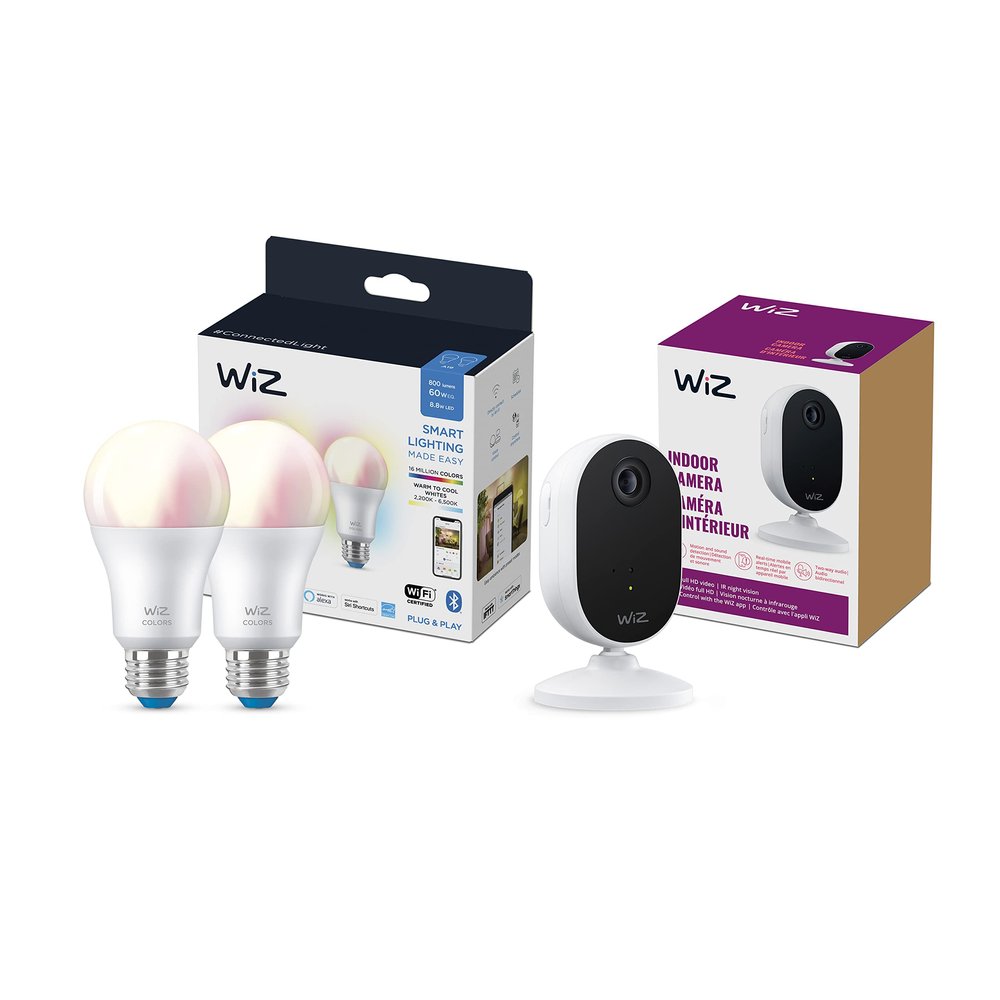 Bundle of WiZ Indoor Security Camera, 1080p HD Video with Motion Detection and Full-Duplex Audio and WiZ Connected 2-Pack Color 60W A19 Smart WiFi Light Bulb, No Hub Required
