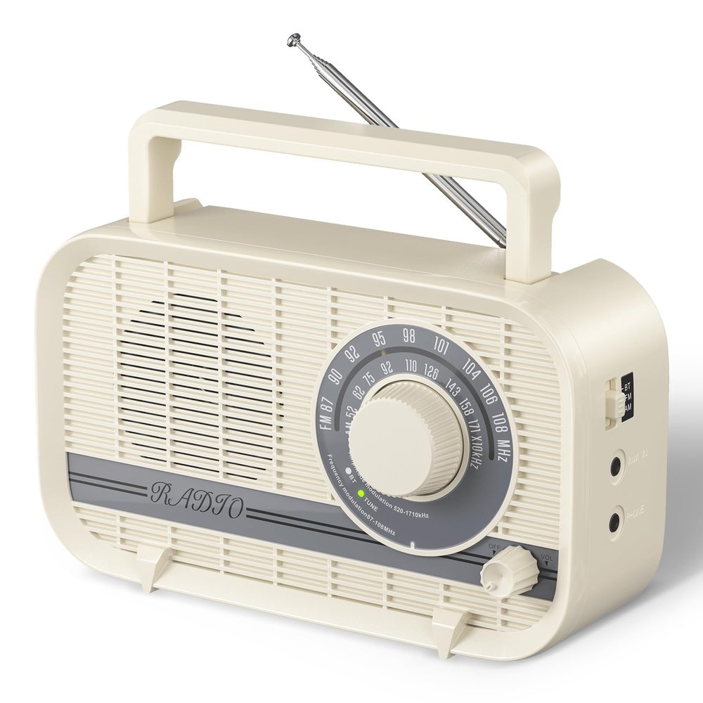 Audiocrazy Portable AM FM Radio Plug in Wall or Battery Operated Radio with Best Reception, Bluetooth,Headphone Jack,Large Dial Easy to Use for Seniors Elderly Cream