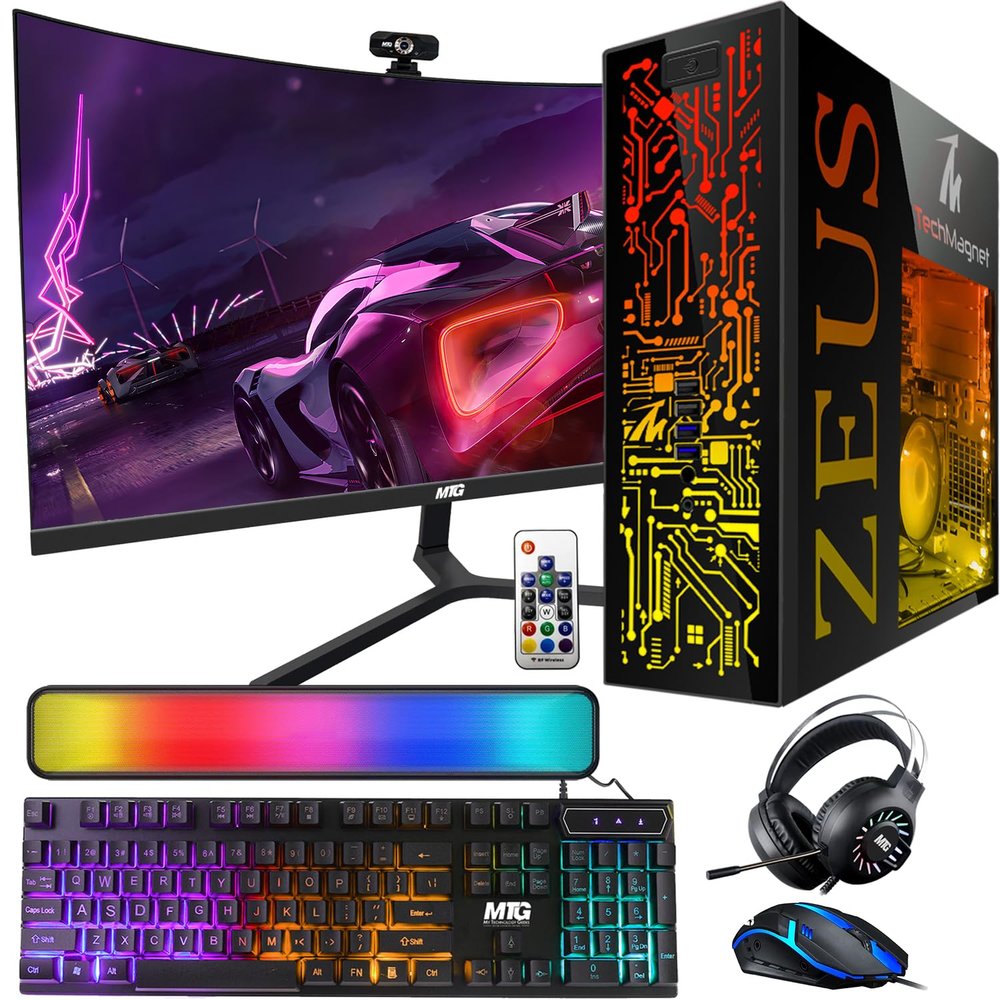 TechMagnet Gaming Desktop PC, Intel i7 6th Gen, Zeus Pro 4, GT 1030, 16GB RAM ARGB, 256GB SSD + 1TB HDD 24 Inch Curved Monitor, Wi-Fi | Bluetooth Adapter, Webcam, RGB Kit, Windows 11 (Renewed)
