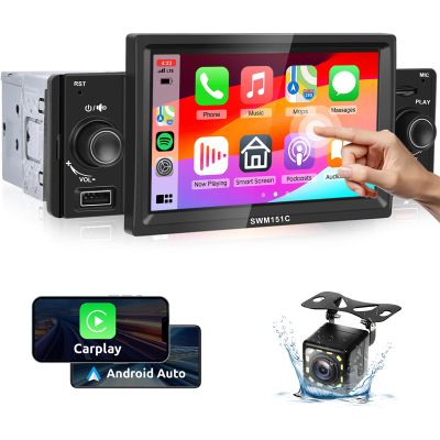 5.1Bluetooth Single Din Radio with AppIe Carplay Android Auto,Podofo 5inch 1280x480 HD Touch Screen Car Stereo Audio Receivers FM Radio Airplay MirrorLink HD Backup Camera USB/TF/AUX-in Ports
