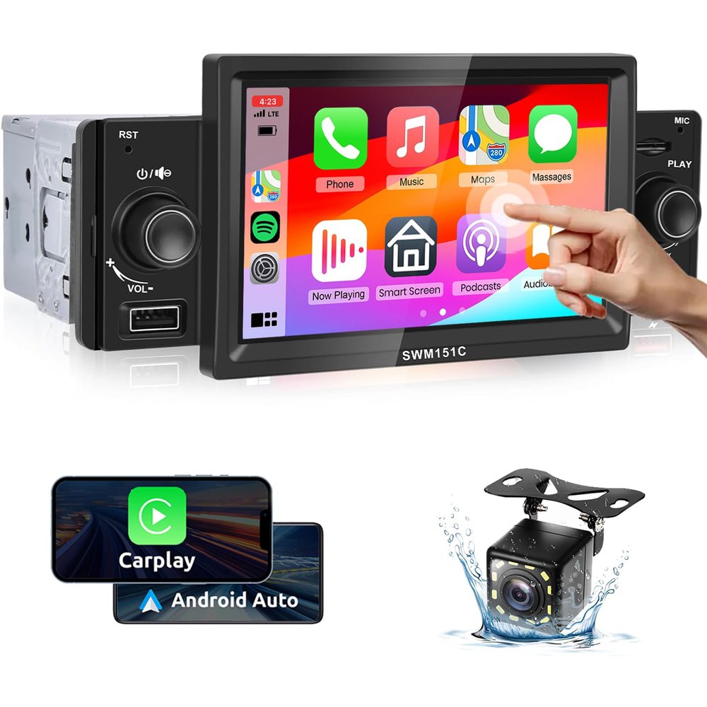 5.1Bluetooth Single Din Radio with AppIe Carplay Android Auto,Podofo 5inch 1280x480 HD Touch Screen Car Stereo Audio Receivers FM Radio Airplay MirrorLink HD Backup Camera USB/TF/AUX-in Ports