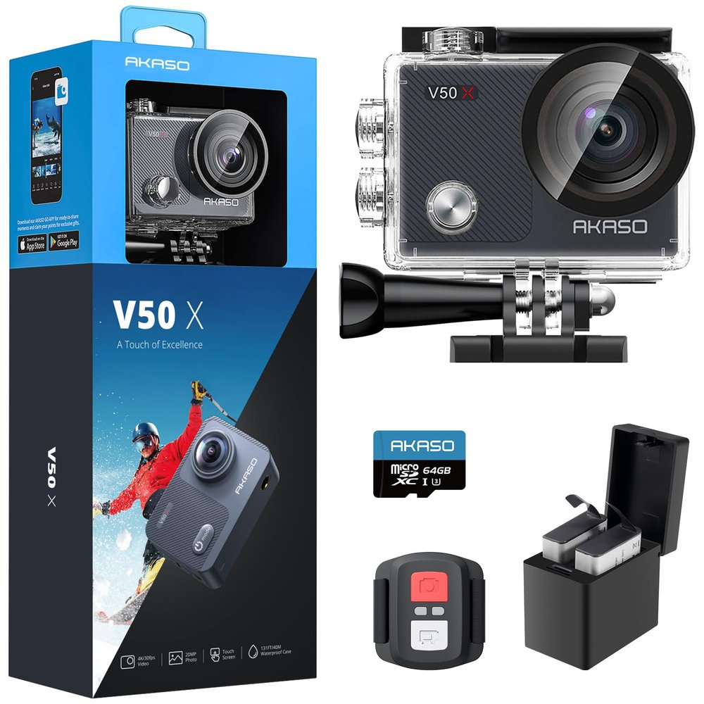 AKASO V50X Native 4K30fps WiFi Action Camera with EIS Touch Screen 4X Zoom 131 feet Waterproof Camera Support External Mic Remote Control with Helmet Accessories (with 64GB MicroSD Card)