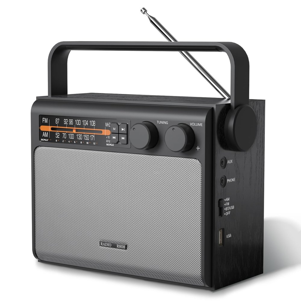 YOWGULF Portable AM FM Radio, Bluetooth Radio with Best Reception,Transistor Radio Plug in Wall or Battery Powered, Radio with Headphone Jack, USB, Aux in, Big Speaker, for Home Outdoor Gift
