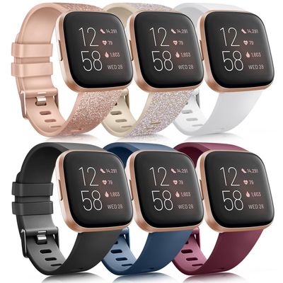 6 Pack Sport Bands Compatible with Fitbit Versa 2, Classic Soft Silicone Replacement Wristbands (Large, Glistening Rose Gold/Glistening Champagne Gold/Glistening Silver/Black/Blue/Wine Red)