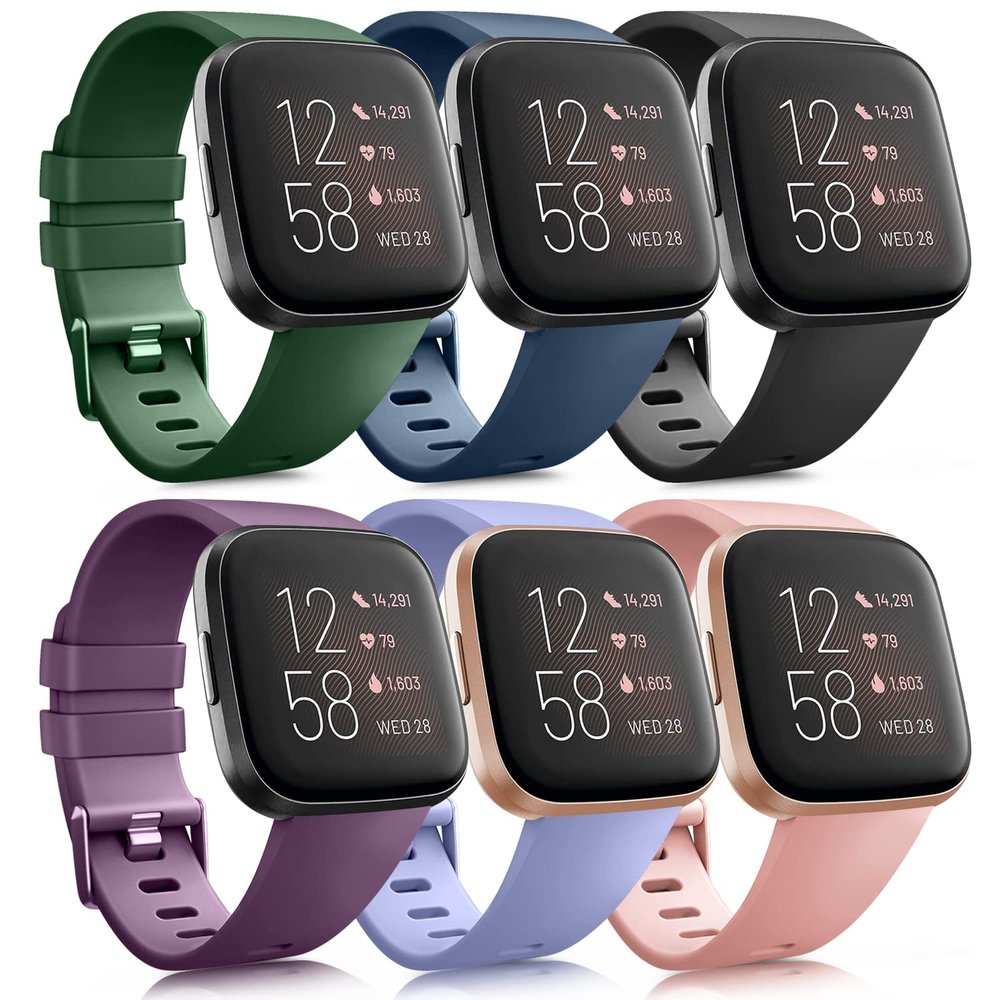 6 Pack Sport Bands Compatible with Fitbit Versa 2 / Fitbit Versa/Versa Lite/Versa SE, Classic Soft Silicone Replacement Wristbands (Small, Olive Green/Blue/Black/Purple/Lavender/Peach)