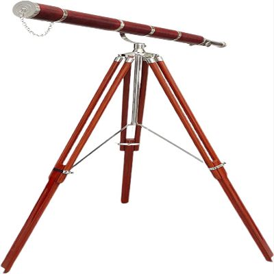 Nautical Vintage Royal Brass Nickel Chrome Finish Telescope Orange Leather Covered Handmade Authentic Hign Magnification Tube Telescope Antique with Brown Wooden Legs Tripod Home Decor