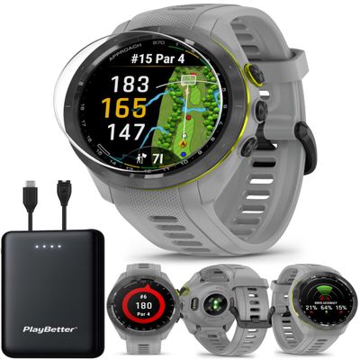 Garmin Approach S70 (Gray, 42mm) Golf GPS Watch Bundle - AMOLED Display, Virtual Caddie & PlaysLike Distance - Includes PlayBetter 5000mAH Portable Charger & Screen Protectors