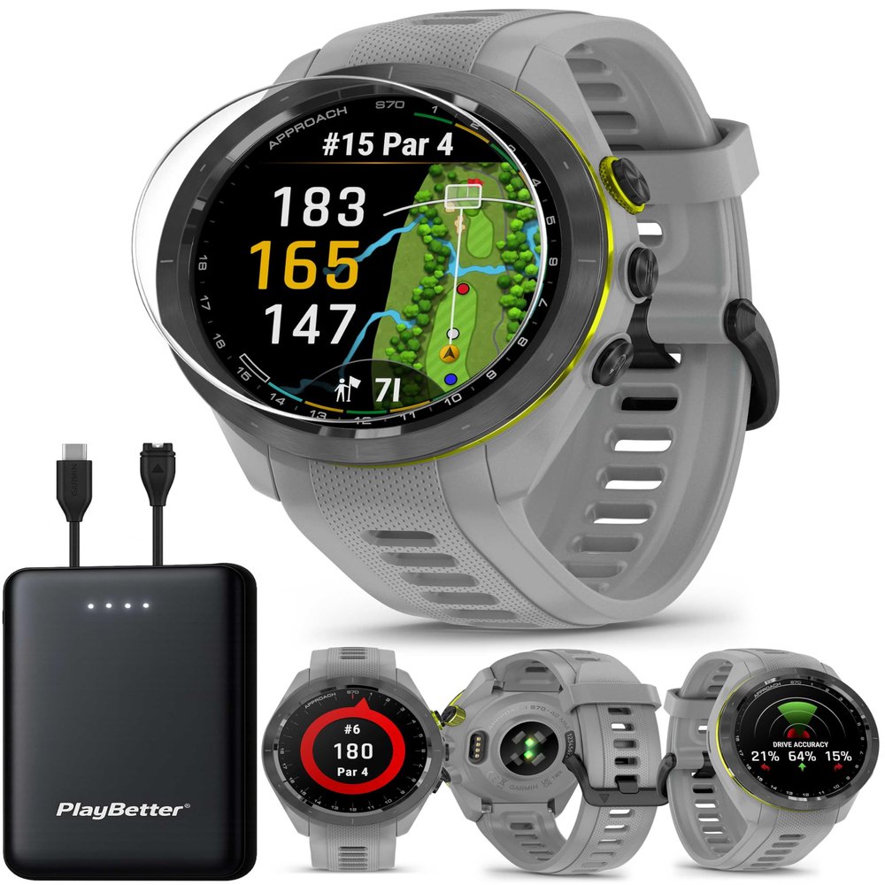 Garmin Approach S70 (Gray, 42mm) Golf GPS Watch Bundle - AMOLED Display, Virtual Caddie & PlaysLike Distance - Includes PlayBetter 5000mAH Portable Charger & Screen Protectors