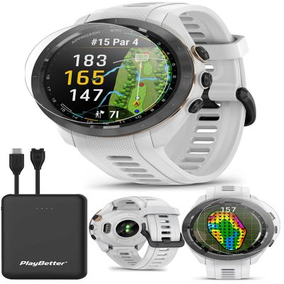 Garmin Approach S70 (White, 42mm) Golf GPS Watch Bundle - AMOLED Display, Virtual Caddie & PlaysLike Distance - Includes PlayBetter 5000mAH Portable Charger & Screen Protectors