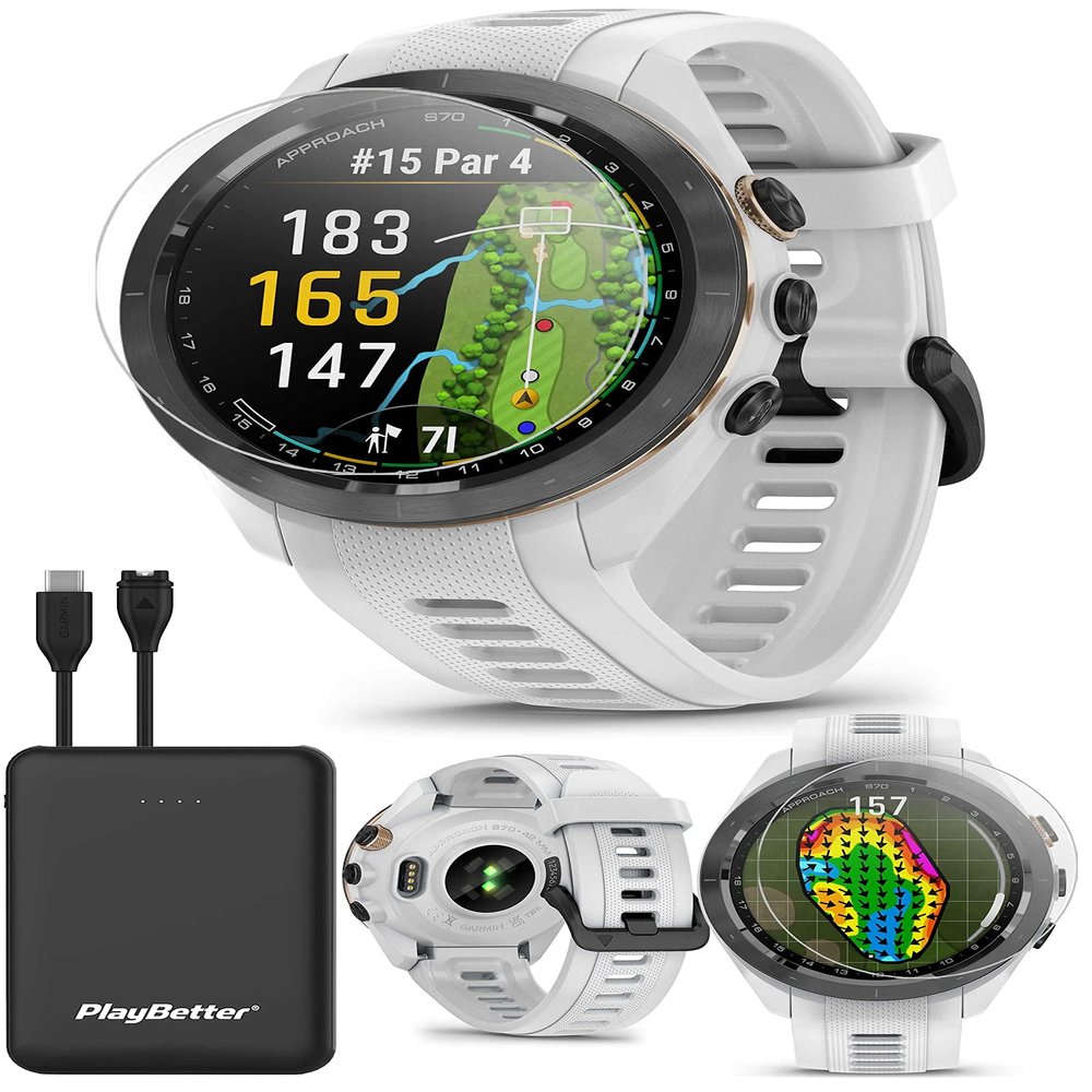 Garmin Approach S70 (White, 42mm) Golf GPS Watch Bundle - AMOLED Display, Virtual Caddie & PlaysLike Distance - Includes PlayBetter 5000mAH Portable Charger & Screen Protectors
