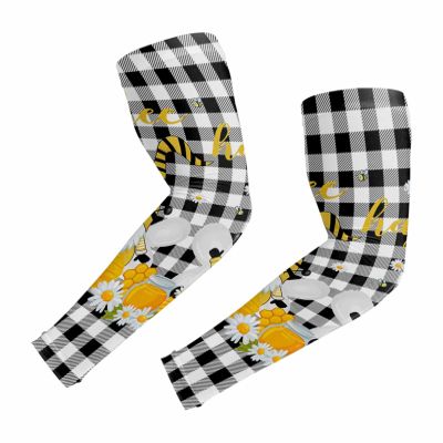 Gnome Honey Daisies Bee Cooling Arm Sleeves for Men Women, Black Checkered Buffalo Plaid Protection Arm Sleeves (XL)