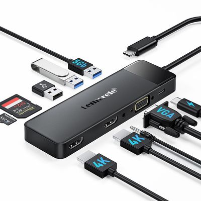 Lemorele USB C Docking Station Dual Monitor 10- in-1 Triple Display Laptop Hub Multiport Adapter w/2 HDMI 4K+VGA+3 USB3.0/2.0+TF/SD 2.0+Audio+100W PD, USB C Dongle for Mac/Dell/HP/Lenovo/Surface