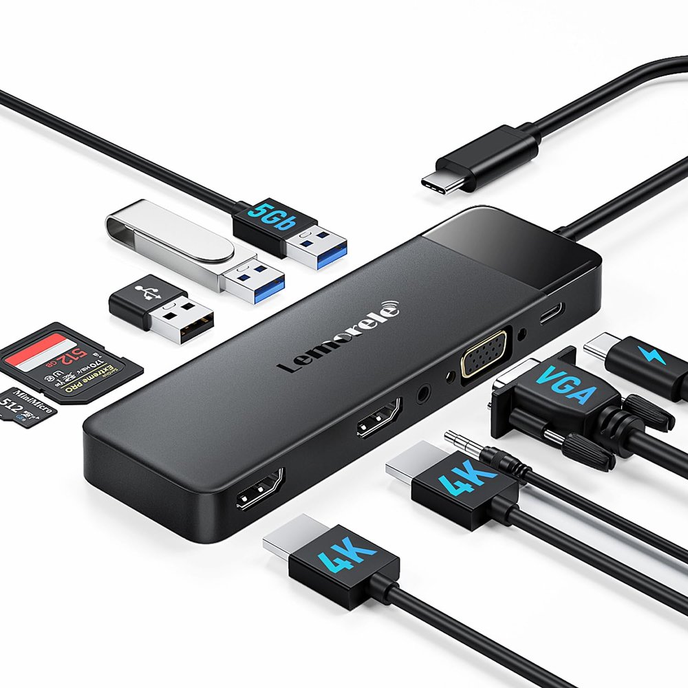 Lemorele USB C Docking Station Dual Monitor 10- in-1 Triple Display Laptop Hub Multiport Adapter w/2 HDMI 4K+VGA+3 USB3.0/2.0+TF/SD 2.0+Audio+100W PD, USB C Dongle for Mac/Dell/HP/Lenovo/Surface