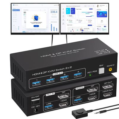 2 Port Dual Monitor DisplayPort HDMI KVM Switch 8K @60Hz, 4K @120Hz, USB 3.0 DP+HDMI KVM Switcher 2 in 2 Out for 2 Computers 2 Monitors with 4 Ports USB 3.0 Support Copy and Extended Display