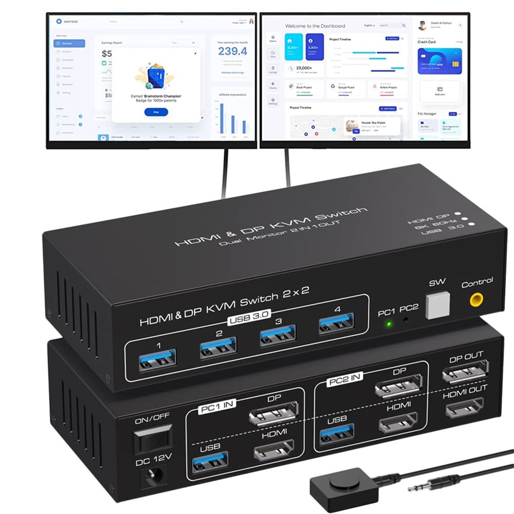 2 Port Dual Monitor DisplayPort HDMI KVM Switch 8K @60Hz, 4K @120Hz, USB 3.0 DP+HDMI KVM Switcher 2 in 2 Out for 2 Computers 2 Monitors with 4 Ports USB 3.0 Support Copy and Extended Display