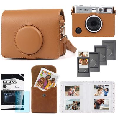 CAIYOULE Case for Fujifilm Instax Mini EVO, Protective PU Leather Carrying Bag with Mini Photo Pouch, Album, Frames, Screen Protector Accessories Kit - Vintage Brown
