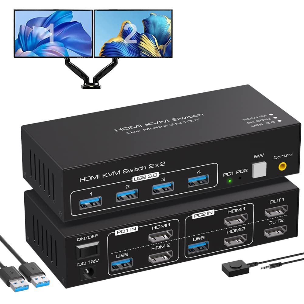 Dual Monitor HDMI KVM Switch 2 in 2 Out, 2 Port 4K@120Hz 8K@60Hz HDMI USB KVM Switcher for 2 Computers 2 Monitors with 4X USB 3.0 Ports, Support Windows, MacOS, Linux, Unix (2 Port HDMI)