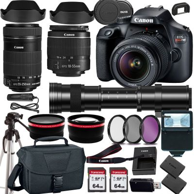 Canon EOS Rebel T100/4000D DSLR Camera w EF-S 18-55mm F/3.5-5.6 Zoom Lens EF-S 55-250mm f/4-5.6 is STM+420-800mm HD Telephoto Zoom Lens+case+128Memory Cards (24PC) (Renewed)