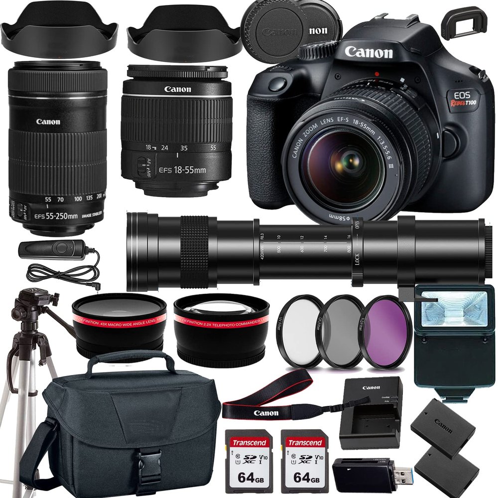 Canon EOS Rebel T100/4000D DSLR Camera w EF-S 18-55mm F/3.5-5.6 Zoom Lens EF-S 55-250mm f/4-5.6 is STM+420-800mm HD Telephoto Zoom Lens+case+128Memory Cards (24PC) (Renewed)
