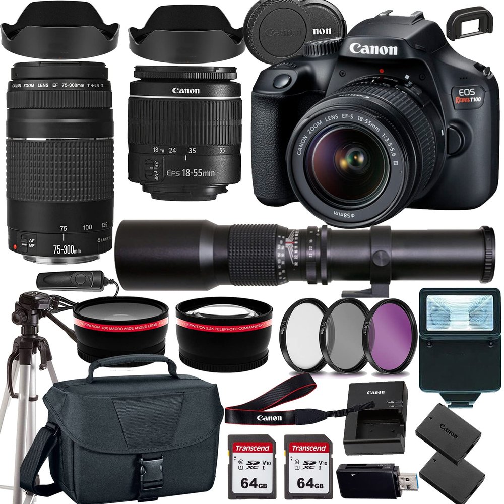 Canon EOS Rebel T100/4000D DSLR Camera w EF-S 18-55mm F/3.5-5.6 Zoom Lens EF 75-300mm III Lens+500mm f/8.0 Telephoto Lens+case+128Memory Cards (24PC) (Renewed)