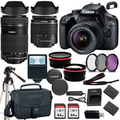 Canon EOS Rebel T100/4000D DSLR Camera w EF-S 18-55mm F/3.5-5.6 Zoom Lens EF-S 55-250mm f/4-5.6 is STM+case+128Memory Cards (24PC) (Renewed)