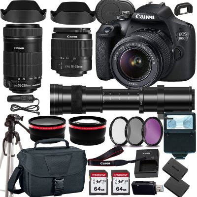 Canon EOS 2000D (Rebel T7) DSLR Camera w EF-S 18-55mm F/3.5-5.6 Zoom Lens EF-S 55-250mm f/4-5.6 is STM+420-800mm HD Telephoto Zoom Lens+case+128Memory Cards (24PC) (Renewed)
