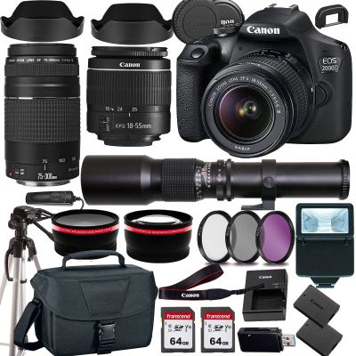 Canon EOS 2000D (Rebel T7) DSLR Camera w EF-S 18-55mm F/3.5-5.6 Zoom Lens EF 75-300mm III Lens+500mm f/8.0 Telephoto Lens+case+128Memory Cards (24PC) (Renewed)