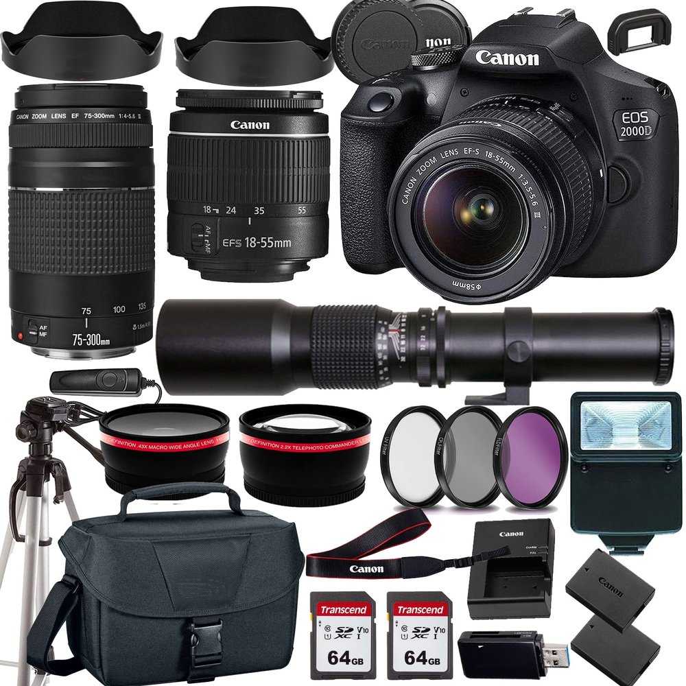 Canon EOS 2000D (Rebel T7) DSLR Camera w EF-S 18-55mm F/3.5-5.6 Zoom Lens EF 75-300mm III Lens+500mm f/8.0 Telephoto Lens+case+128Memory Cards (24PC) (Renewed)
