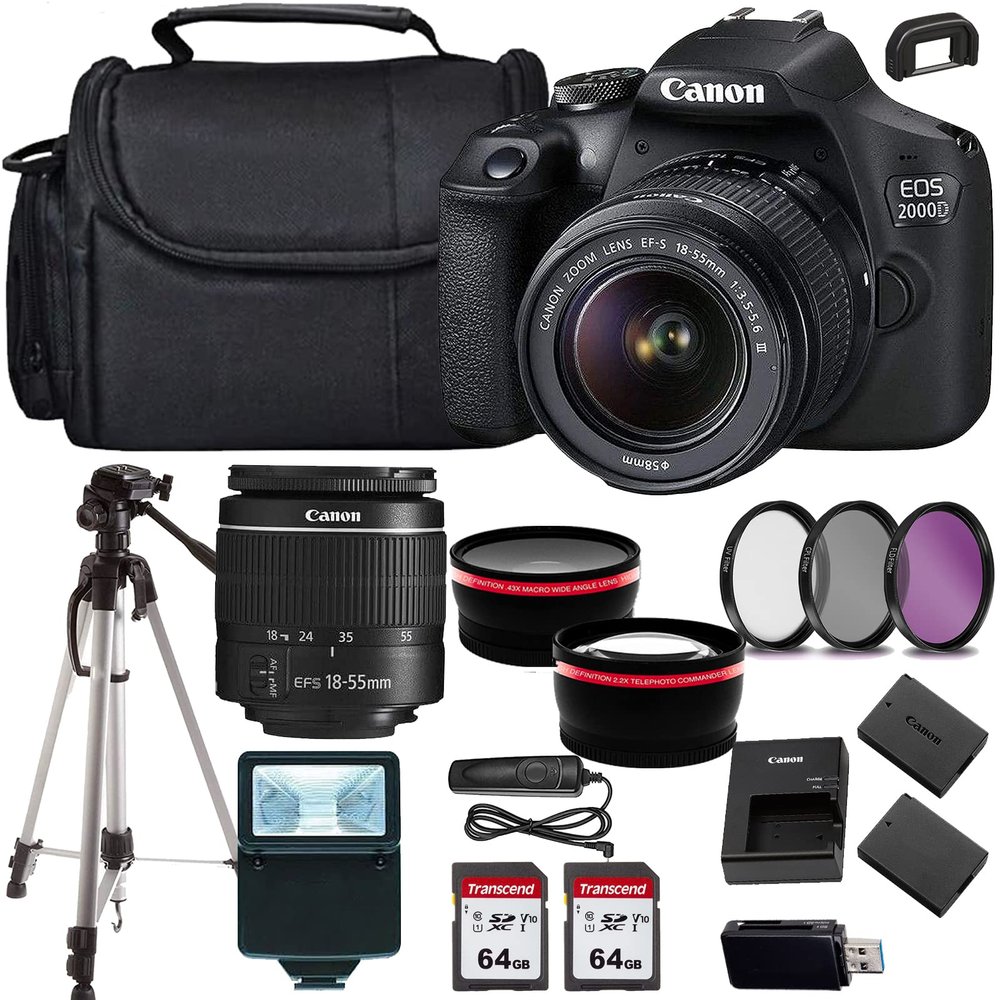 Canon EOS 2000D (Rebel T7) DSLR Camera w EF-S 18-55mm F/3.5-5.6 Zoom Lens+case+128Memory Cards (24PC) (Renewed)
