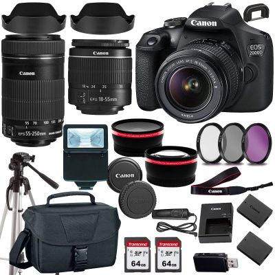 Canon EOS 2000D (Rebel T7) DSLR Camera w EF-S 18-55mm F/3.5-5.6 Zoom Lens EF-S 55-250mm f/4-5.6 is STM+case+128Memory Cards (24PC) (Renewed)