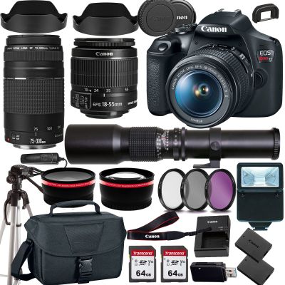 Canon EOS Rebel T7 DSLR Camera with 18-55mm EF 75-300mm III Lens+500mm f/8.0 Telephoto Lens+case+128Memory Cards (24PC) (Renewed)
