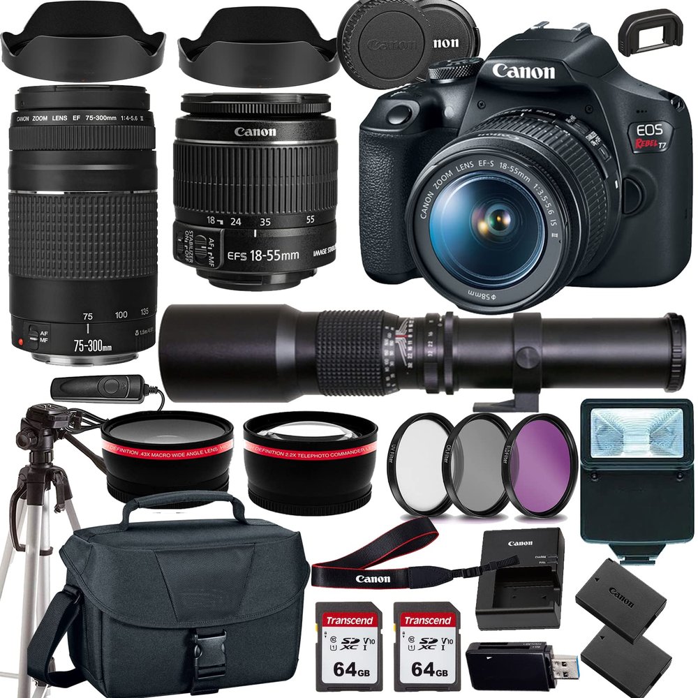 Canon EOS Rebel T7 DSLR Camera with 18-55mm EF 75-300mm III Lens+500mm f/8.0 Telephoto Lens+case+128Memory Cards (24PC) (Renewed)