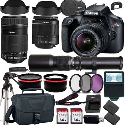 Canon EOS Rebel T100 /4000D DSLR Camera w EF-S 18-55mm F/3.5-5.6 Zoom Lens EF-S 55-250mm f/4-5.6 is STM+500mm f/8.0 Telephoto Lens+case+128Memory Cards (24PC) (Renewed)
