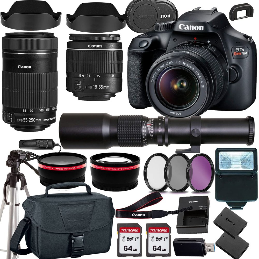 Canon EOS Rebel T100 /4000D DSLR Camera w EF-S 18-55mm F/3.5-5.6 Zoom Lens EF-S 55-250mm f/4-5.6 is STM+500mm f/8.0 Telephoto Lens+case+128Memory Cards (24PC) (Renewed)