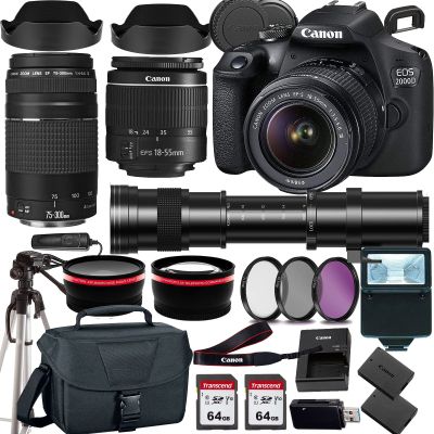 Canon EOS 2000D (Rebel T7) DSLR Camera w EF-S 18-55mm F/3.5-5.6 Zoom Lens EF 75-300mm III Lens+420-800mm HD Telephoto Zoom Lens+case+128Memory Cards (24PC) (Renewed)