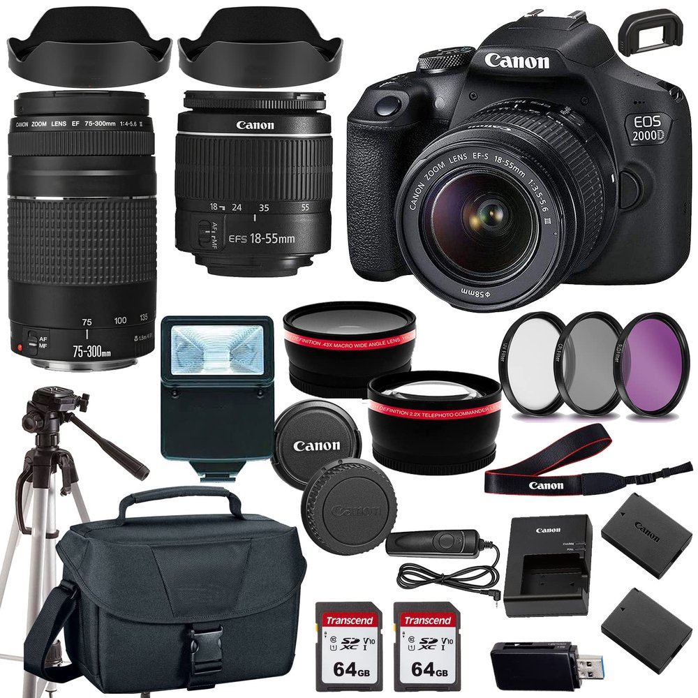 Canon EOS 2000D (Rebel T7) DSLR Camera w EF-S 18-55mm F/3.5-5.6 Zoom Lens EF 75-300mm III Lens+case+128Memory Cards (24PC) (Renewed)