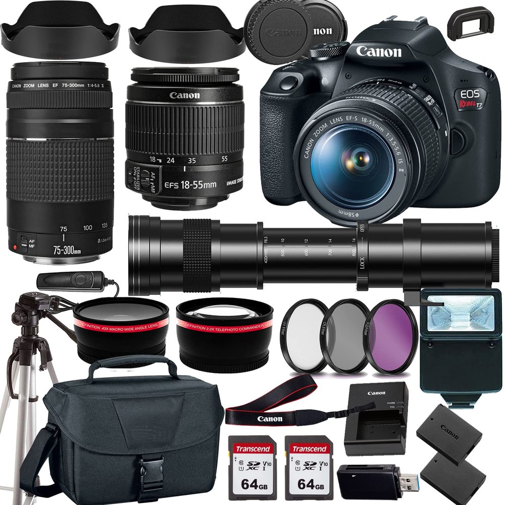 Canon EOS Rebel T7 DSLR Camera with 18-55mm EF 75-300mm III Lens+420-800mm HD Telephoto Zoom Lens+case+128Memory Cards (24PC) (Renewed)