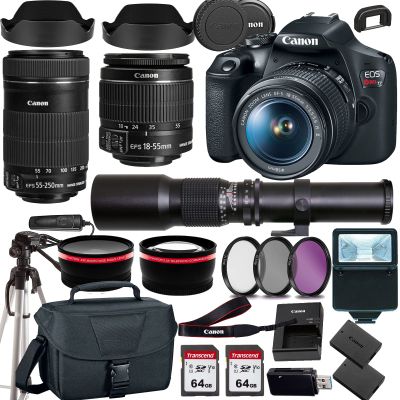 Canon EOS Rebel T7 DSLR Camera with 18-55mm EF-S 55-250mm f/4-5.6 is STM+500mm f/8.0 Telephoto Lens+case+128Memory Cards (24PC) (Renewed)