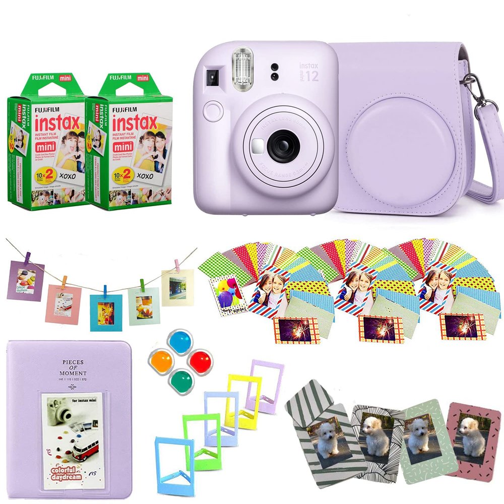 Fujifilm Instax Mini 12 Instant Camera + Pro Design Accessory Bundle with Protective Case, Magnetic Frames, Album, Frames Design Kit (40 Sheets) (Lilac Purple)