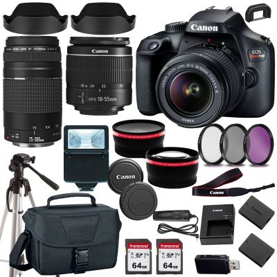 Canon EOS Rebel T100/4000D DSLR Camera w EF-S 18-55mm F/3.5-5.6 Zoom Lens EF 75-300mm III Lens+case+128Memory Cards (24PC) (Renewed)